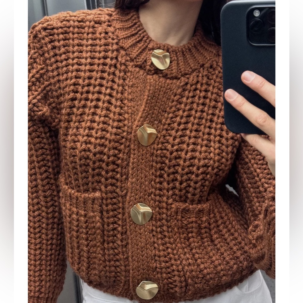 Zara CHUNKY Brown Knit Cardigan - Picture 4 of 8
